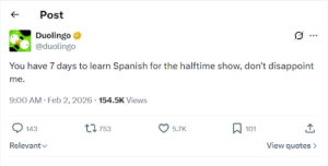 The Duolingo official account posts about Bad Bunny’s Super Bowl Halftime Show