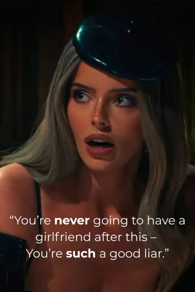 Maura Higgins Traitors Reaction with quote text, “You’re never going to have a girlfriend after this – You’re such a good liar.”